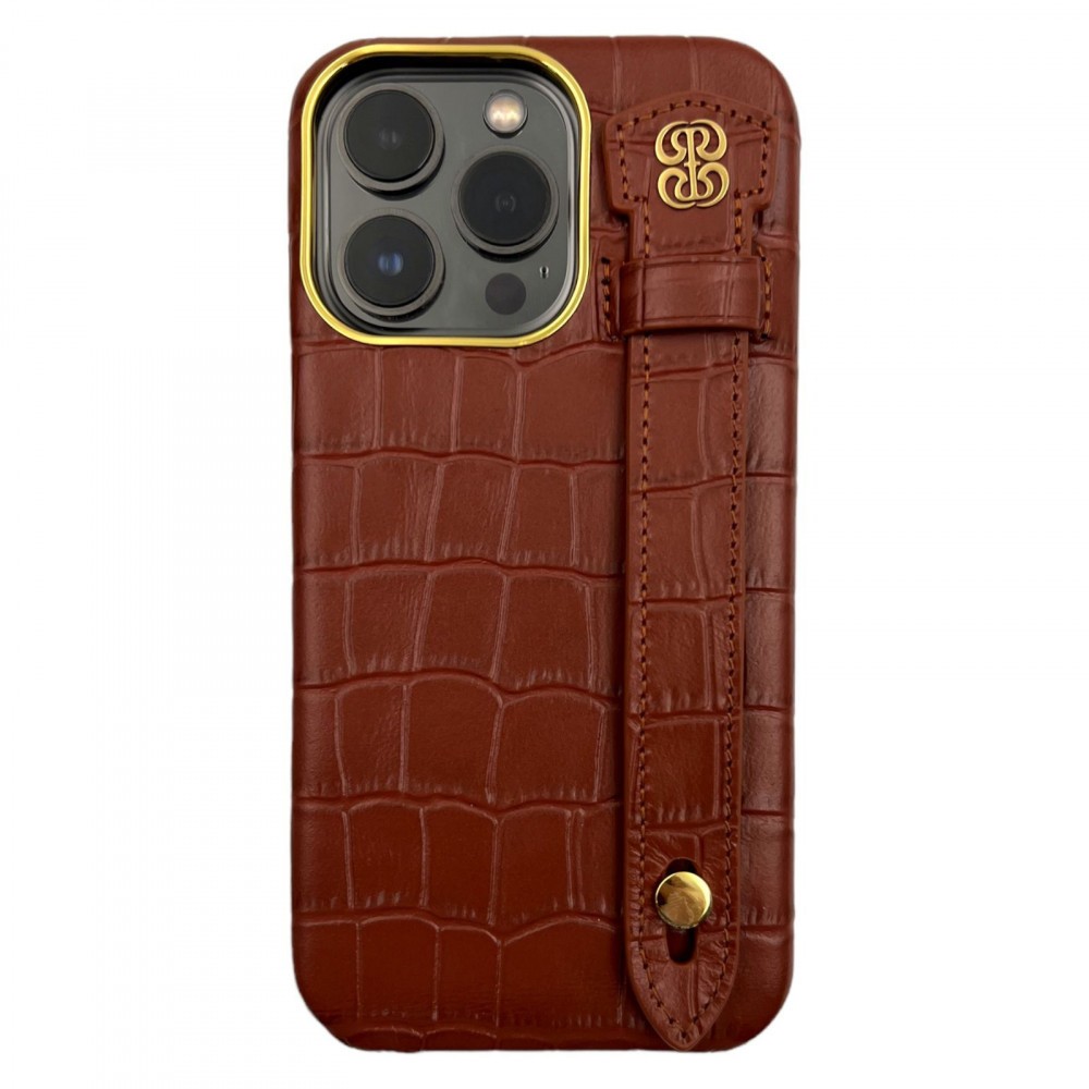 كفر ايفون 13برو ماكس مصنوع من الجلد مع مسكة لون بني مع ماج سيف