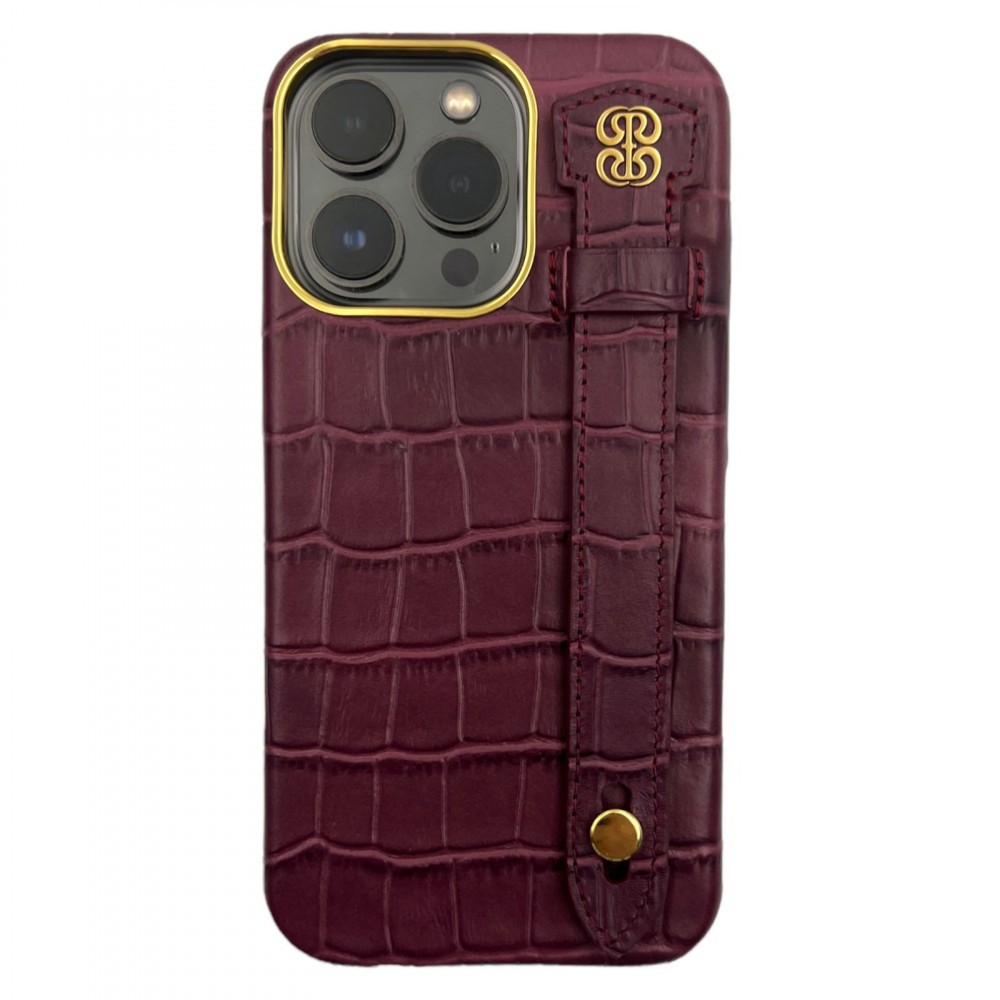 كفر ايفون 13برو مصنوع من الجلد مع مسكة لون براجندي مع ماج سيف