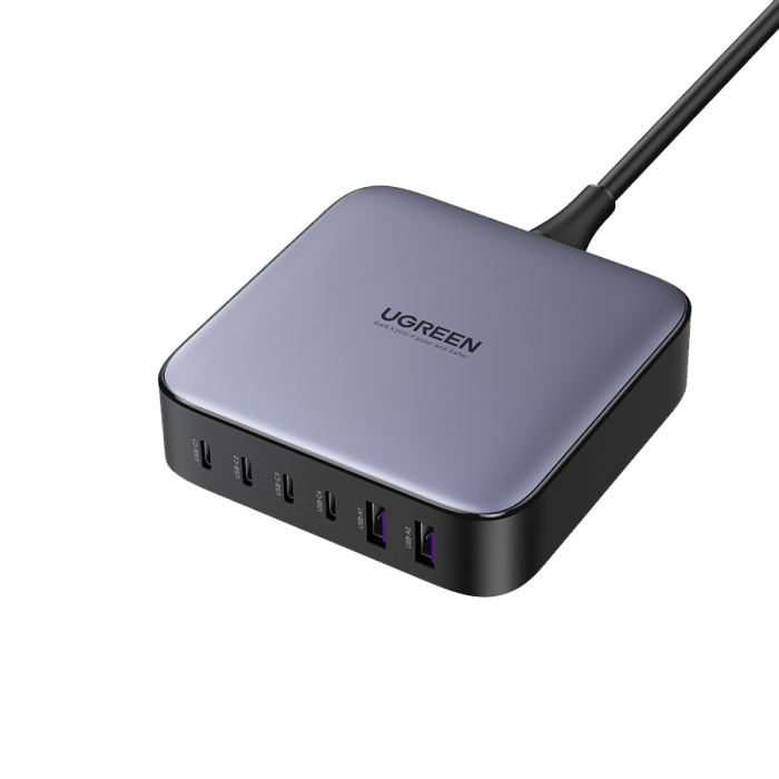 يوجرين - شاحن مكتبي يوجرين 4 منافذ PD وبمنفذين USB بتقنية GaN وبقوة 200 واط - رمادي