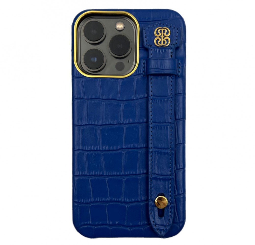 كفر ايفون 13برو ماكس مصنوع من الجلد مع مسكة لون ازرق مع ماج سيف