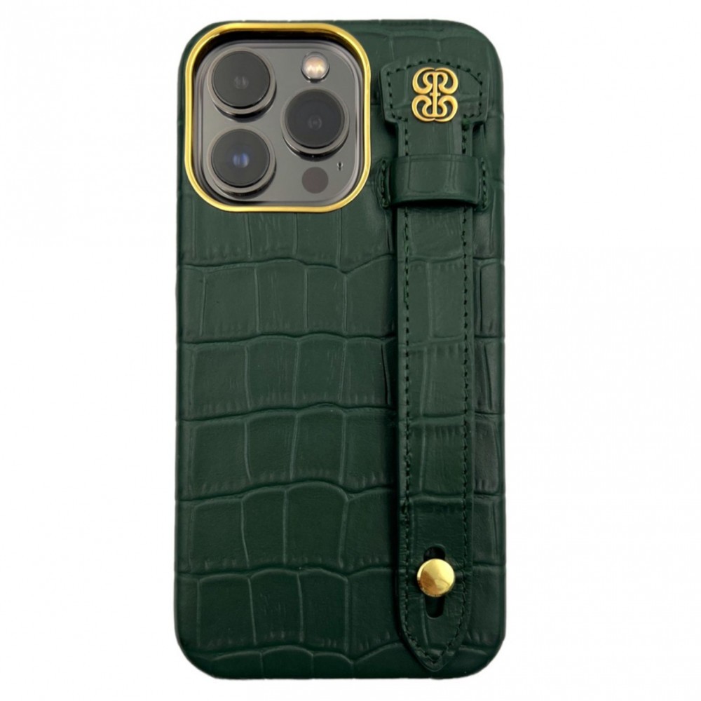 كفر ايفون 13برو مصنوع من الجلد مع مسكة لون زيتي مع ماج سيف