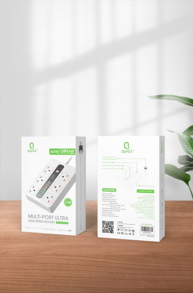 QUFEX - توصيلة كهربائية 6 فتحات + منفذين USB و 4 منافذ PD تايب سي بطول 3 متر