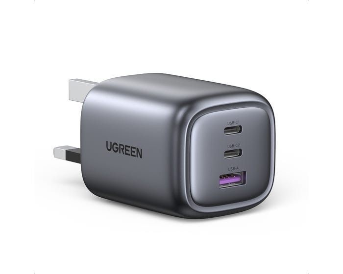 يوجرين - شاحن جداري بمنفذين تايب سي وبمنفذ يو اس بي بتقنية GaN وبقوة 65 واط - رمادي