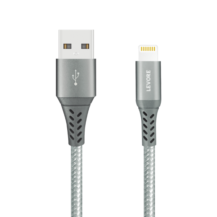 ليفوري - كابل شحن من يو اس بي إلى لايتنينج معتمد من أبل MFI نايلون بطول 1.8 م - رمادي